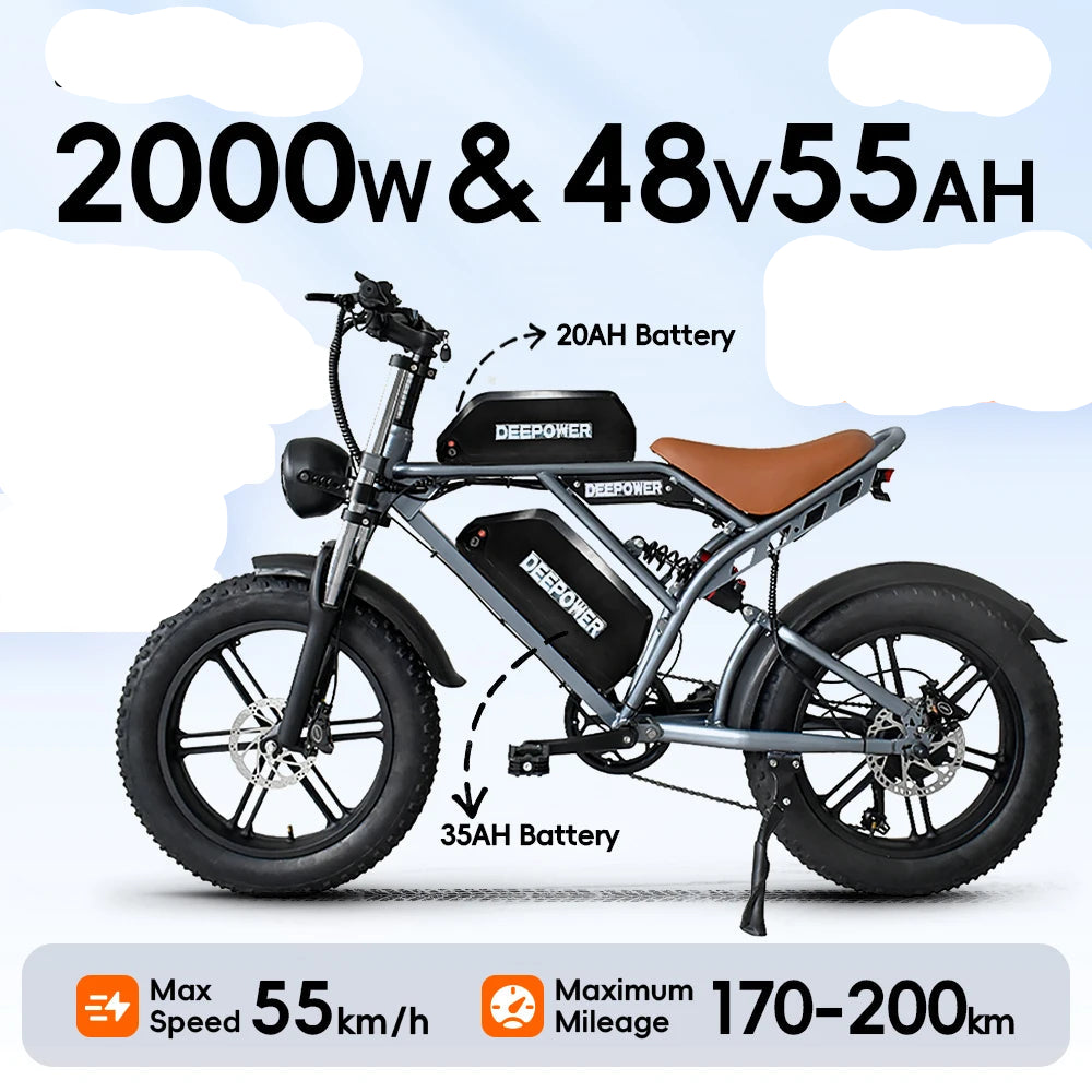 Electric Bicycle: 20" Fat Tires, Dual Battery, 48V, 55Ah