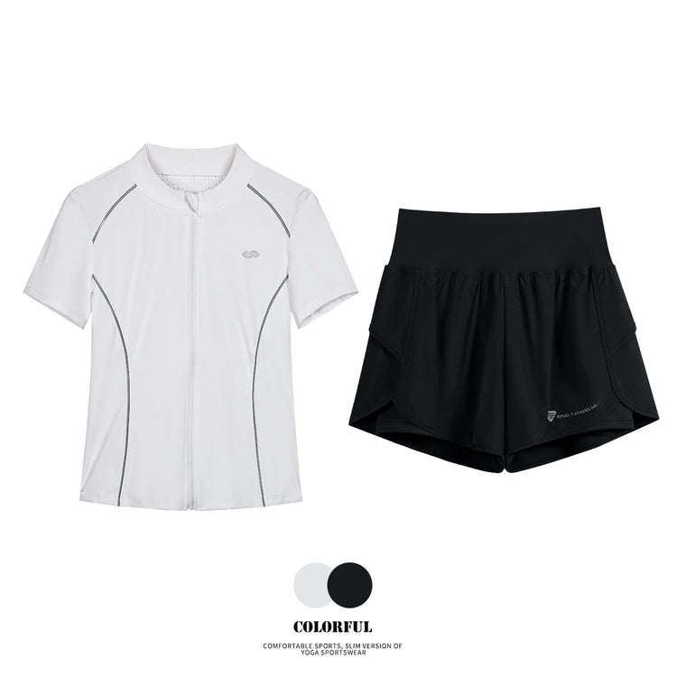 DRUR Breathable Gym Clothes for Women 2 Piece Summer Workout Sets Full Zip Sports Tops with Elastic Waist Shorts Active Wear New 24 Hour Sport
