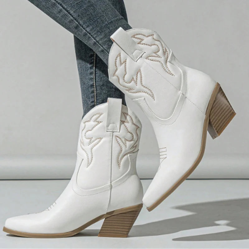 Women's Leather Cowboy Ankle Boots with Embroidery