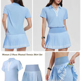 VITALINOVO Women 2 Pieces Athletic Skirt Set Outfits V Neck Polo Shirts High Waisted Pleated Tennis Skirts Golf Pickball Dress 24 Hour Sport