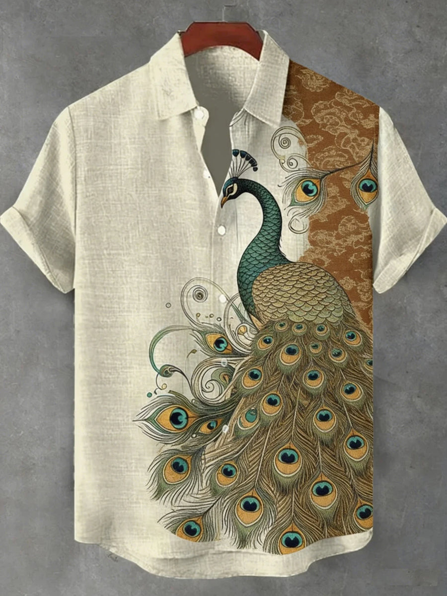 Ethnic Linen Short-Sleeve Peacock Shirt for Men