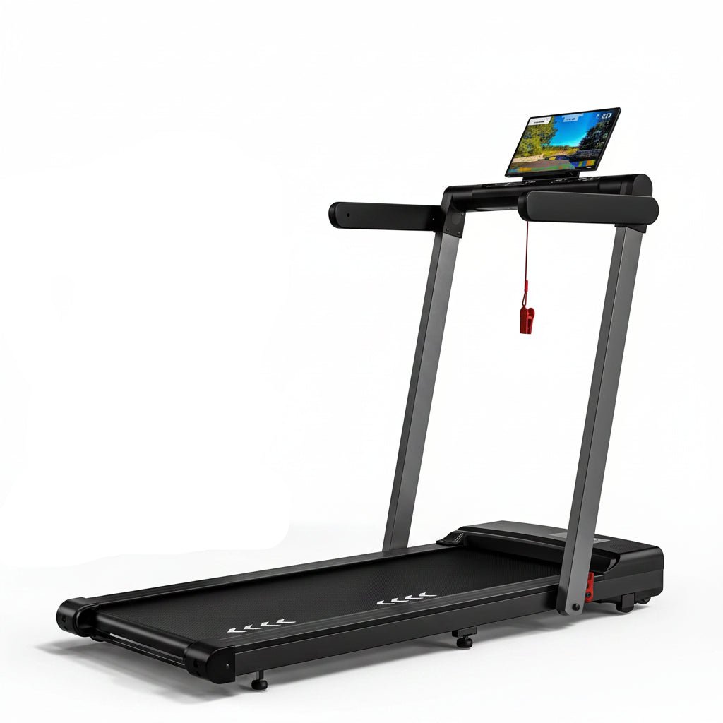 Woman using a treadmill with a laptop on it, wearing an orange and white outfit.