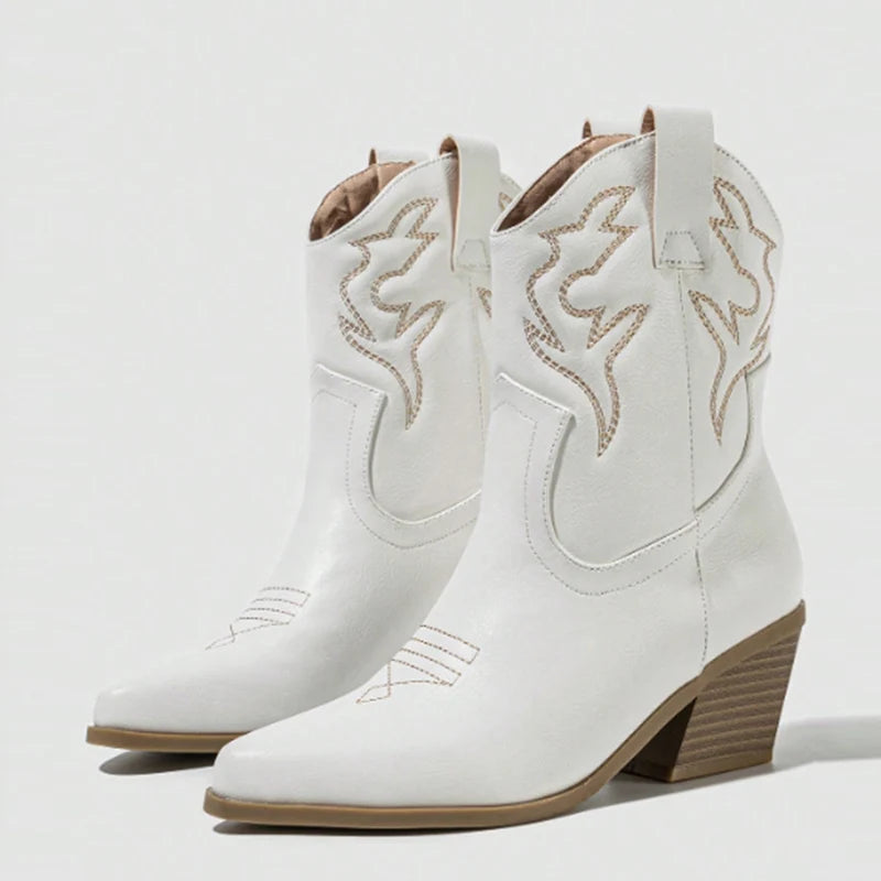 Women's Leather Cowboy Ankle Boots with Embroidery