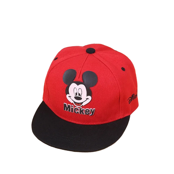Red and black Mickey Mouse cap on a white background with flowers.