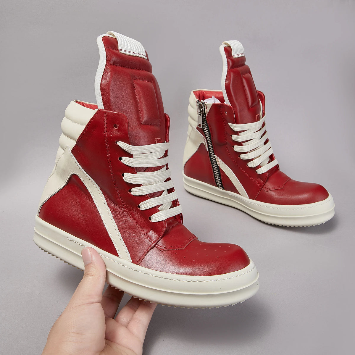 High-Top Leather Sneakers: Quality Red Ankle Boots & Thick-Sole Casual Shoes