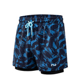 Blue camouflage shorts with a white drawstring on a white background