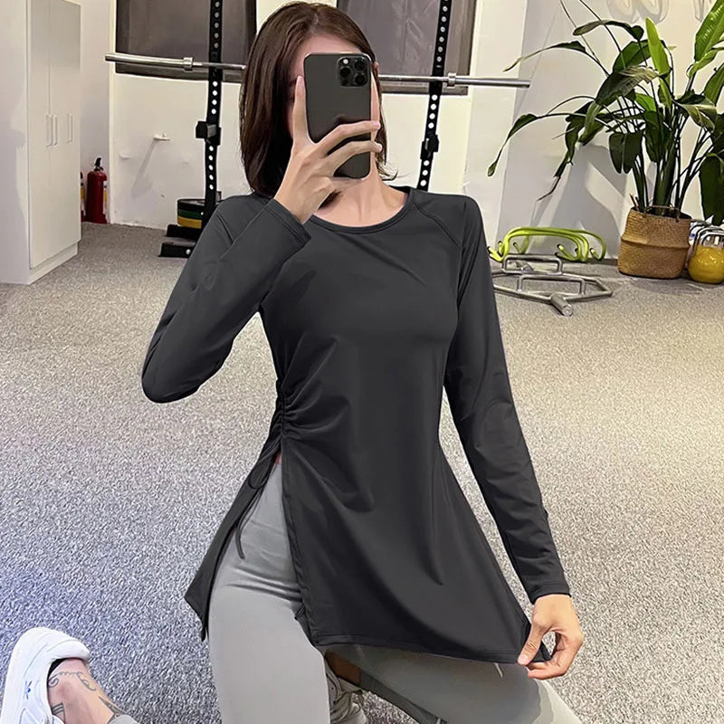 Pleated Side Slit Long Sleeve Sports Shirt for Womenwomen's Shirts24 Hour Sport