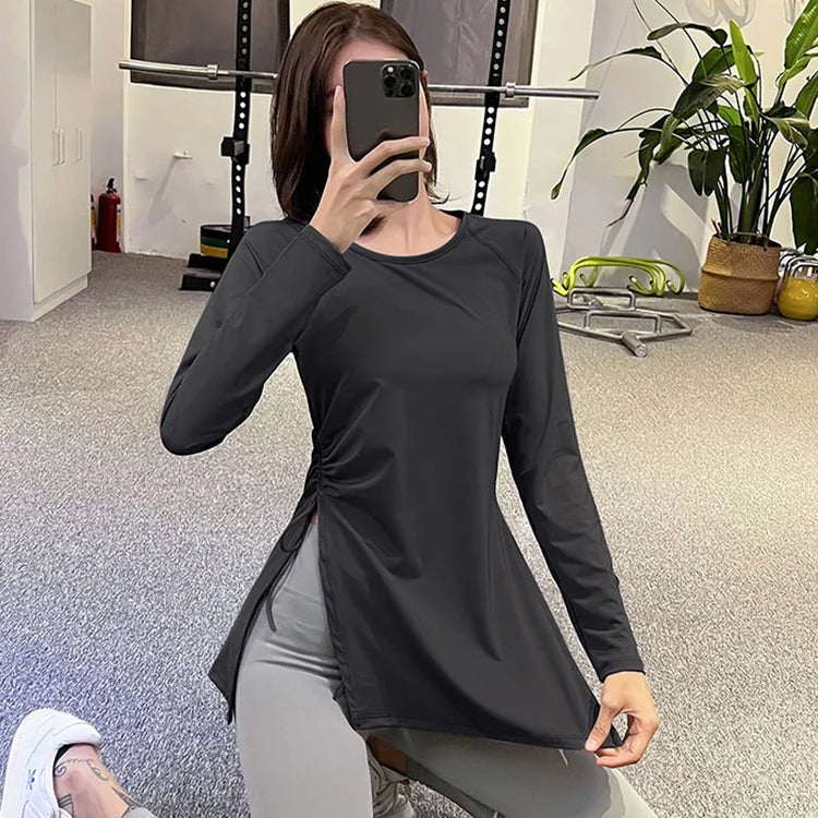 Pleated Side Slit Long Sleeve Sports Shirt for Womenwomen's Shirts24 Hour Sport
