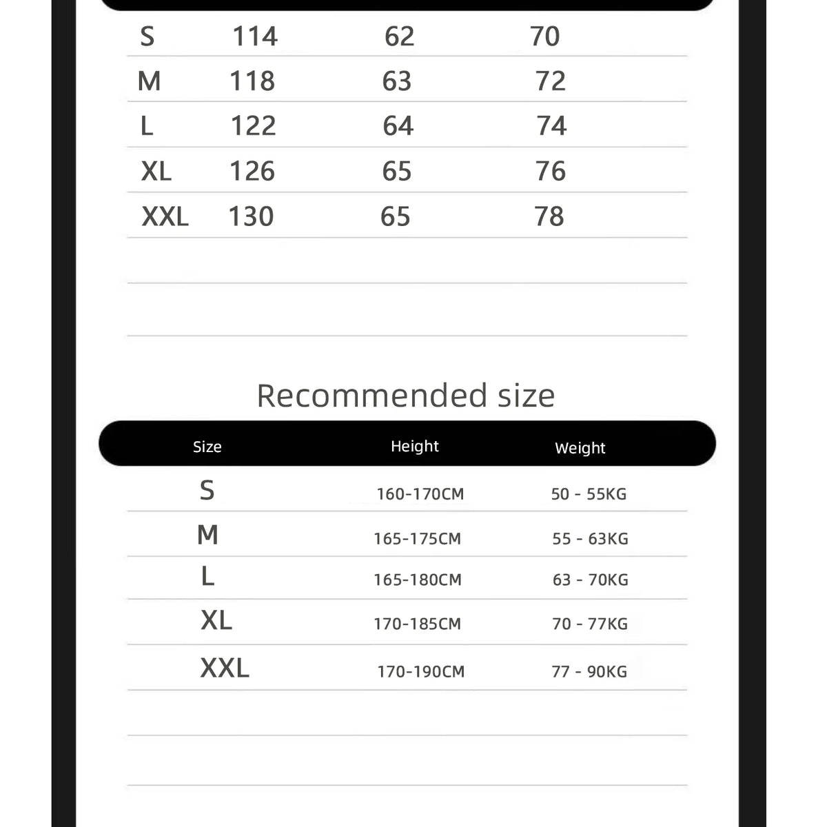Size chart for clothing with measurements in centimeters and recommended size chart for height and weight.