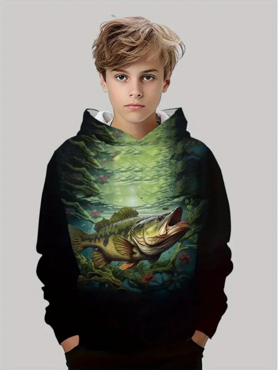 Boys' Fishing Print Hoodie: Loose Casual Sweatshirt