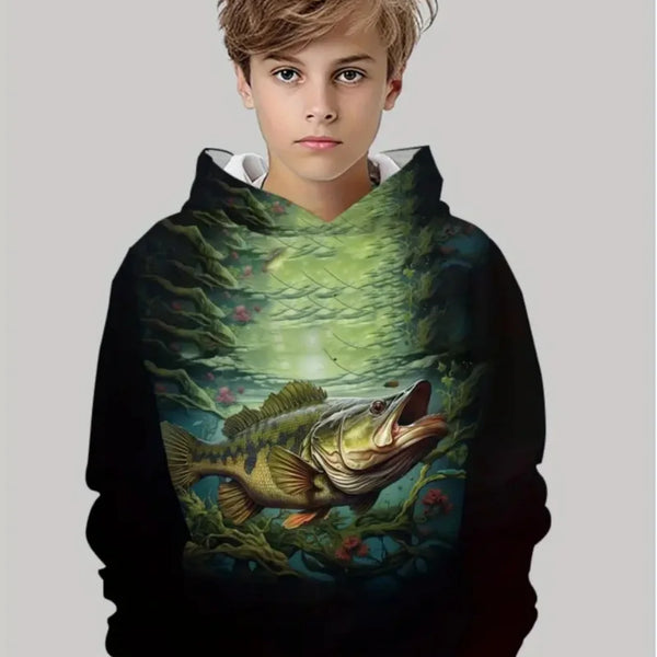 Boys' Fishing Print Hoodie: Loose Casual Sweatshirt