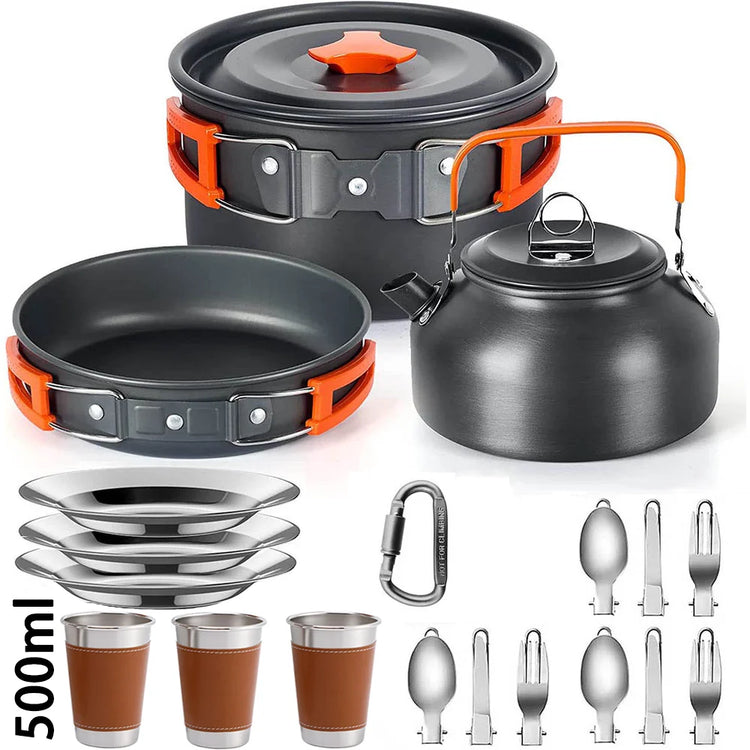 Complete Camping Kitchen Cookware Tableware & Teapot for 2-3Gym Bag24 Hour Sport