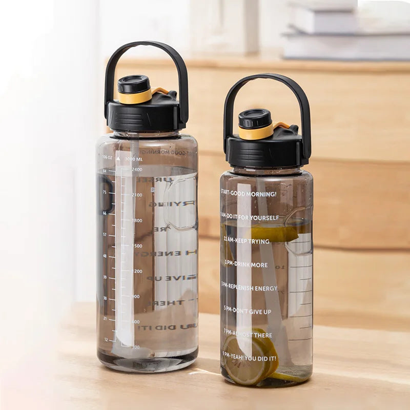 Sports Water Bottle - 1.5L/2L/3L, Leakproof, with Straw & Time Marker