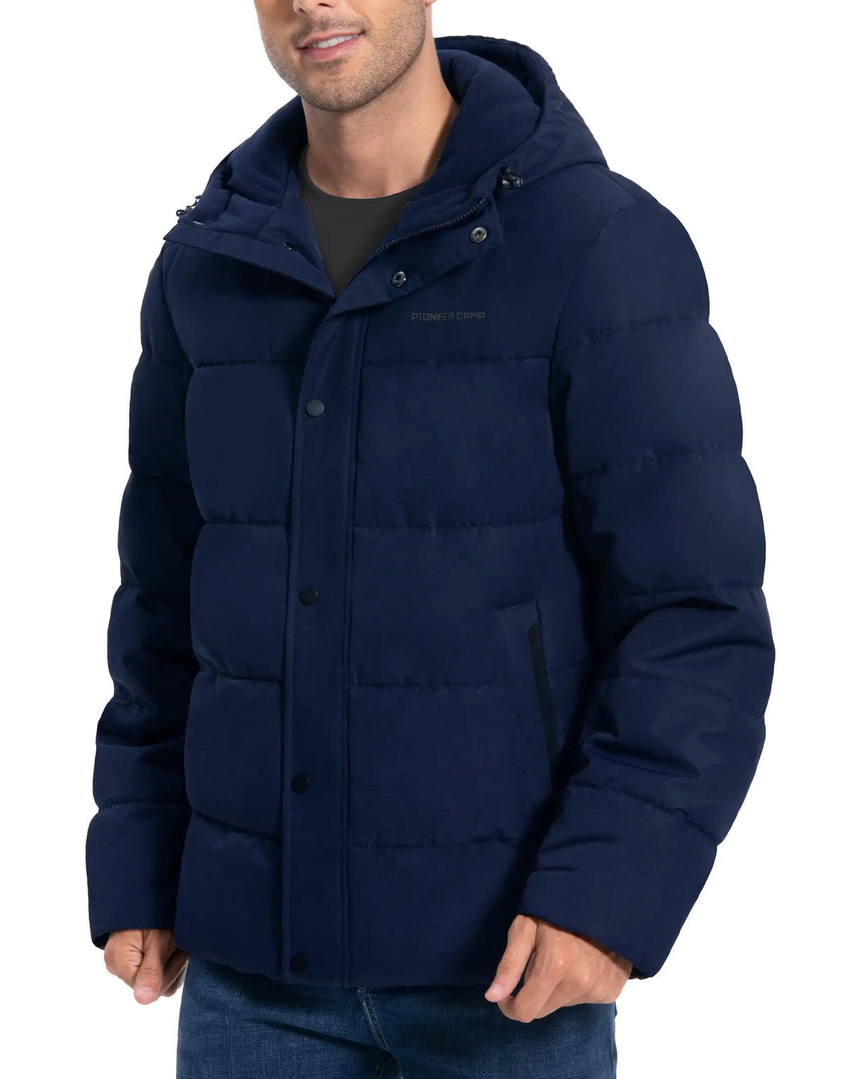 Men's Hooded Quilted Puffer Jacket with Snap Storm Flap