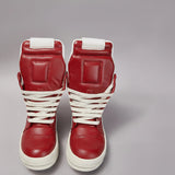 Red high-top sneakers with white laces on a gray background, branded 'Alice Shoe'.