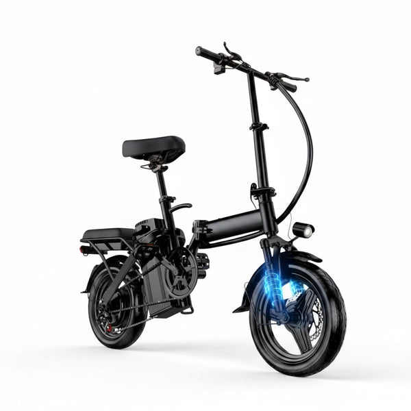 Electric bicycle with promotional details and specifications against a scenic background