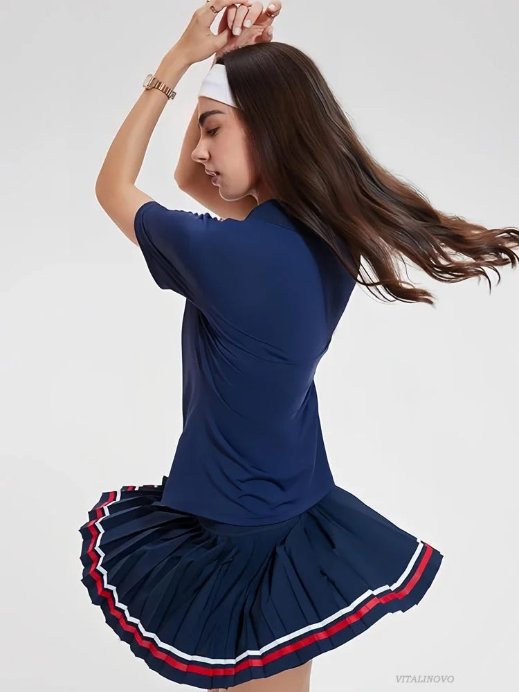 VITALINOVO Women 2 Pieces Athletic Skirt Set Outfits V Neck Polo Shirts High Waisted Pleated Tennis Skirts Golf Pickball Dress 24 Hour Sport