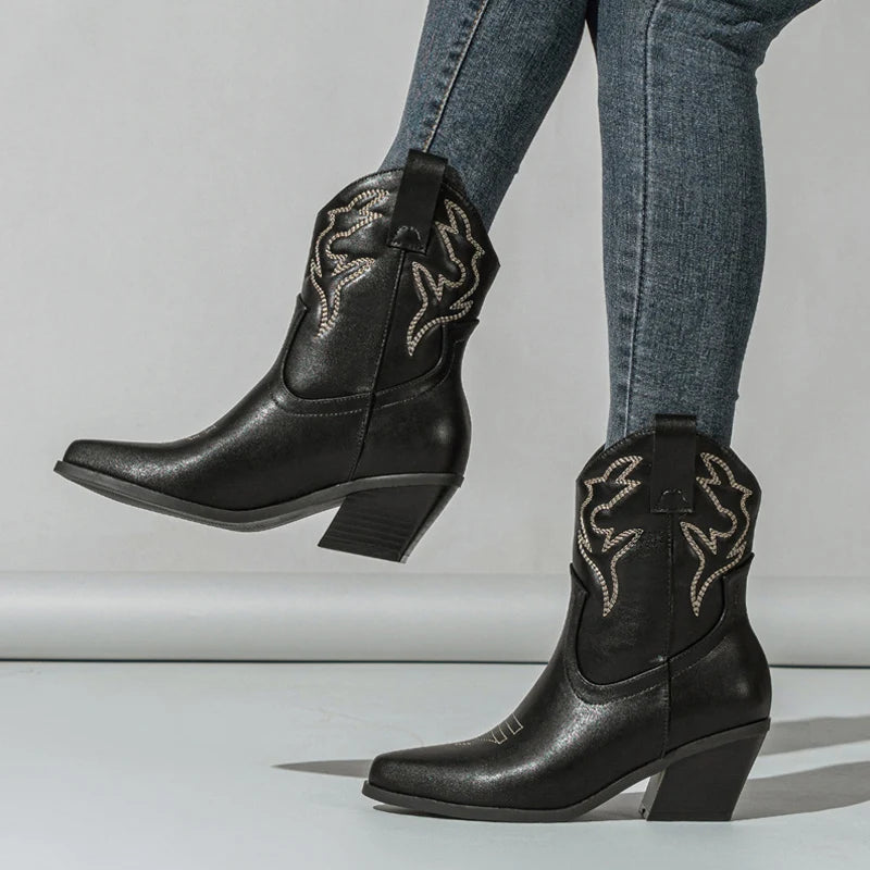 Women's Leather Cowboy Ankle Boots with Embroidery