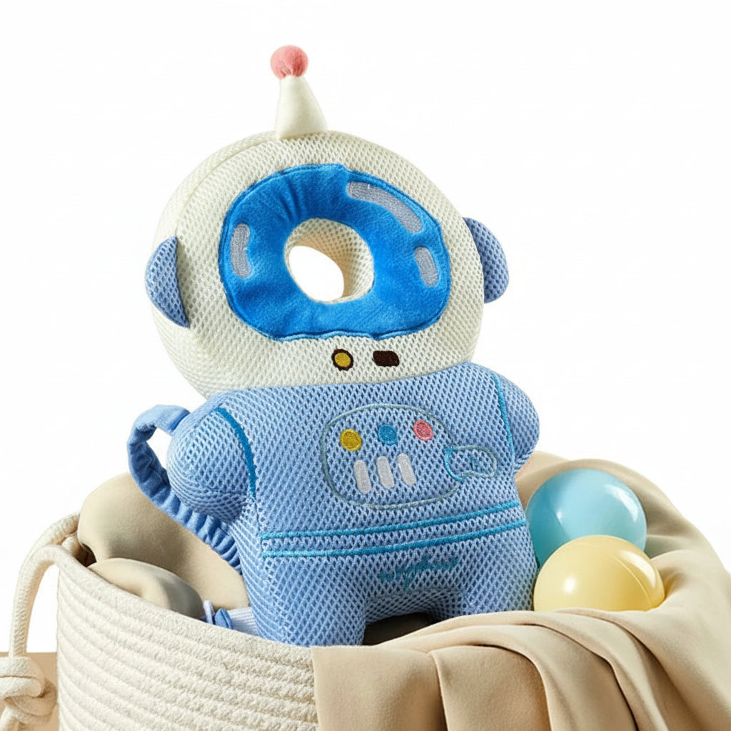 Plush robot toy with a blue body and white head in a basket on a brown background
