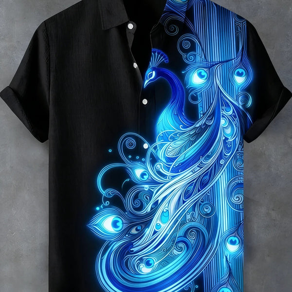 Ethnic Linen Short-Sleeve Peacock Shirt for Men