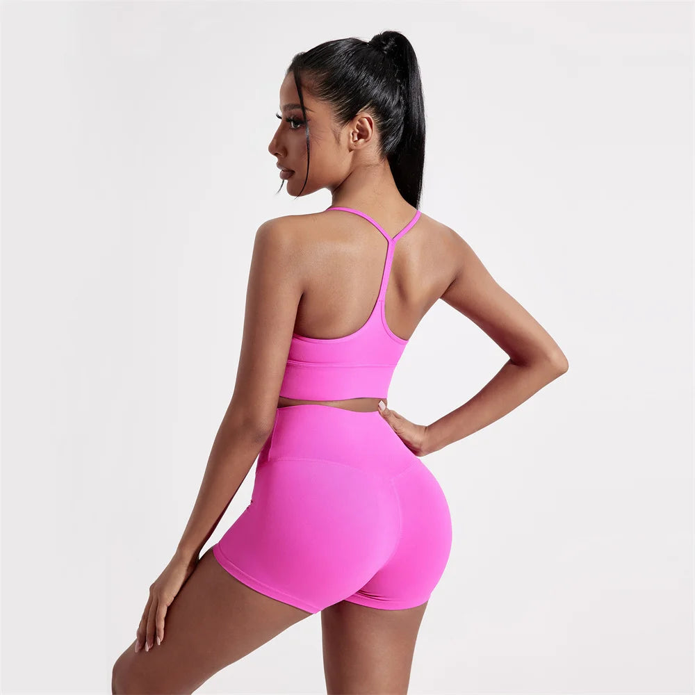 Solid Color Athletic Set: Y-back sports bra and high-waisted leggings.