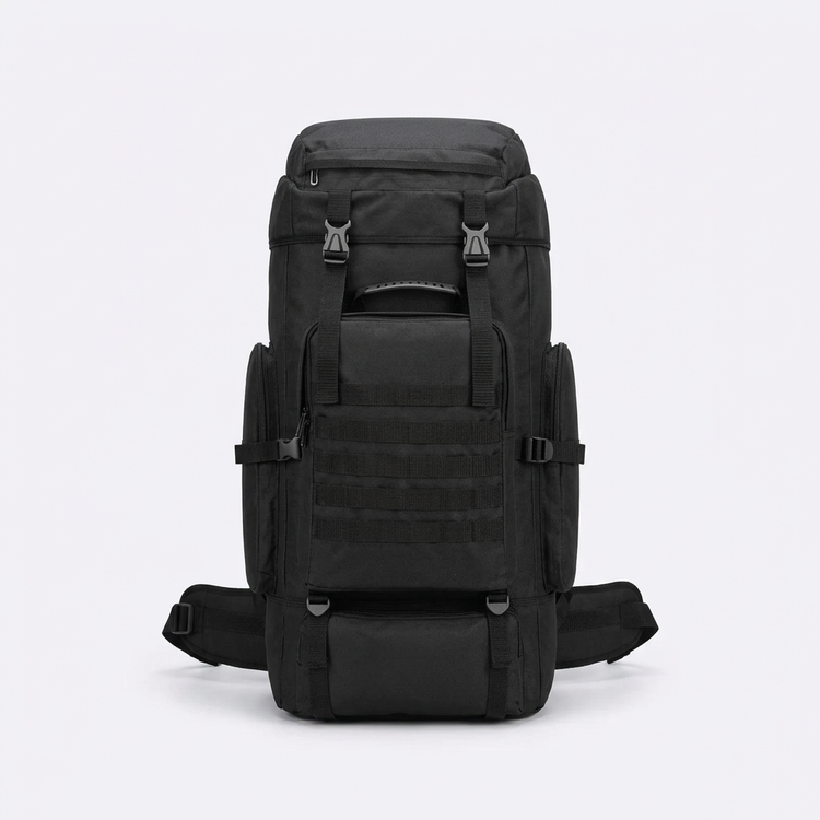 Black 70L hiking backpack on white