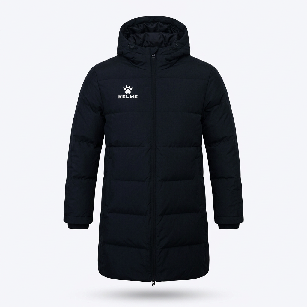 Black children's hooded padded coat on a white background