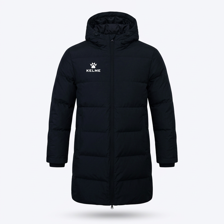 Black children's hooded padded coat on a white background
