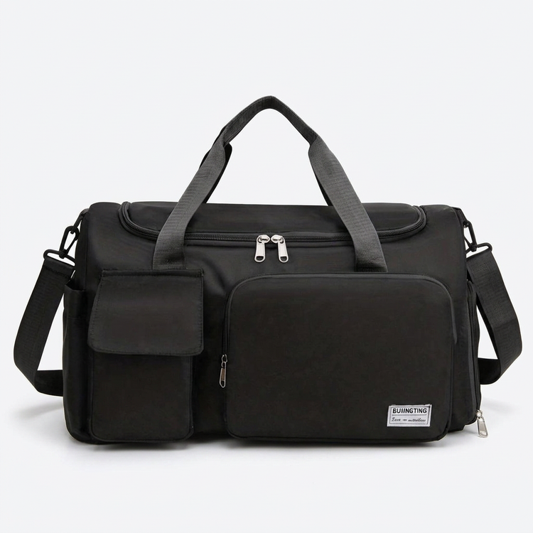 Black duffel bag on white