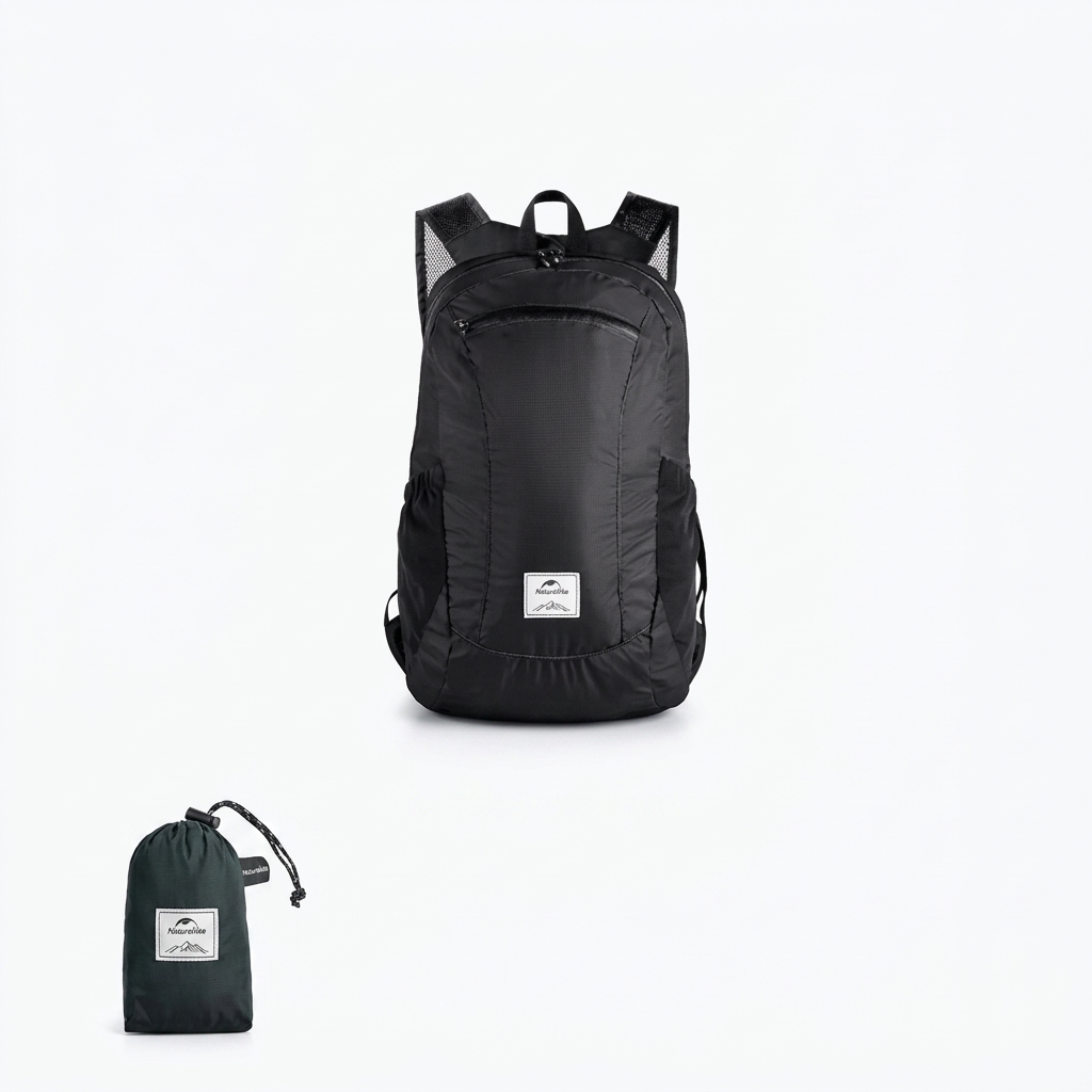 Black foldable backpack and pouch on white