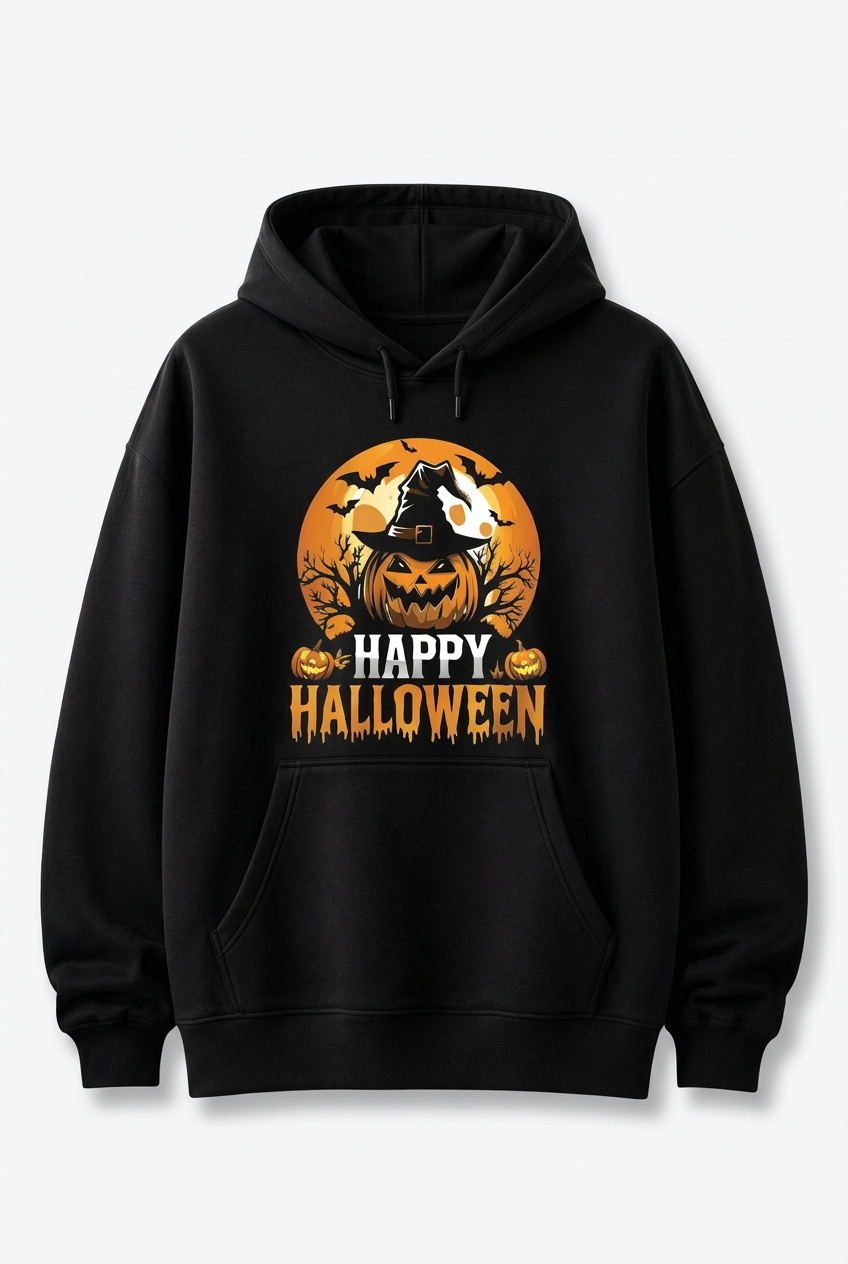 Black Happy Halloween pumpkin graphic hoodie on white