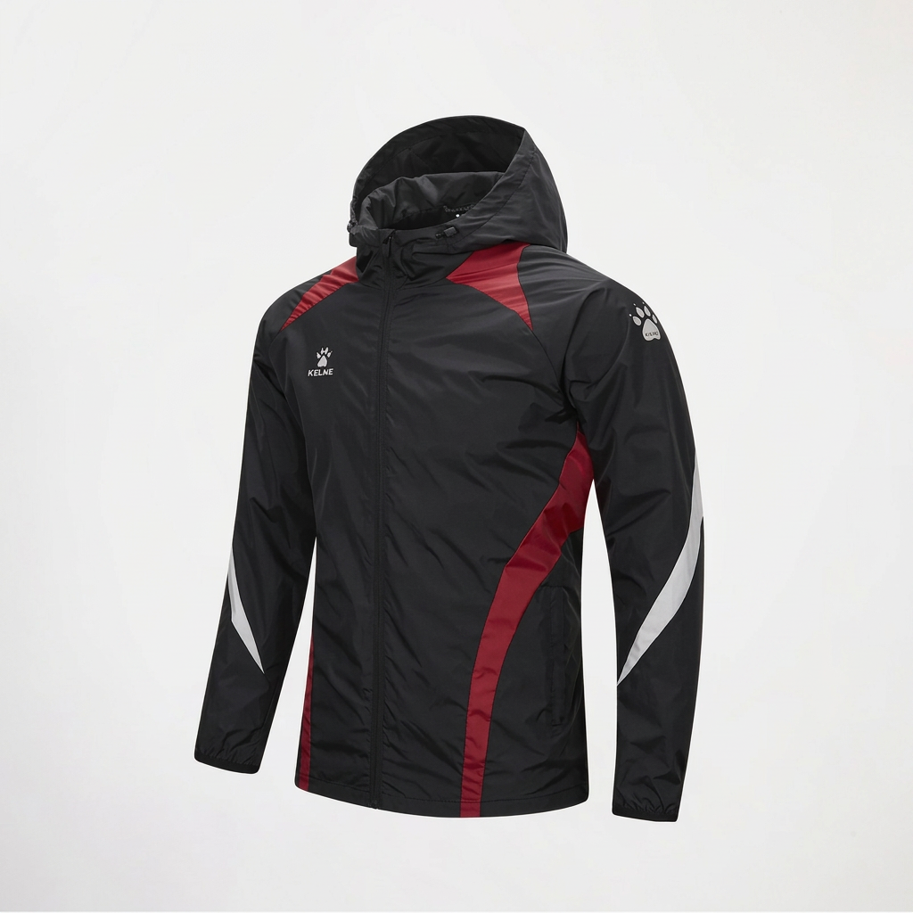 Black hooded sports jacket with red contrast panels