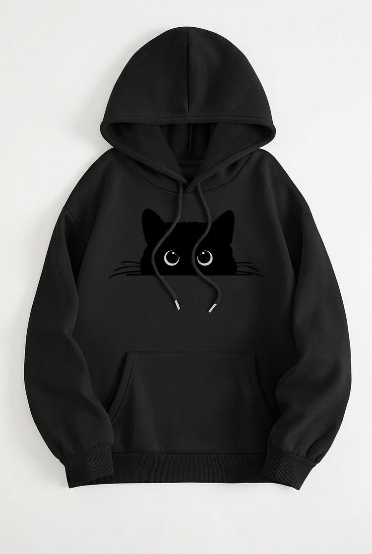 Black men's cartoon cat hoodie on white