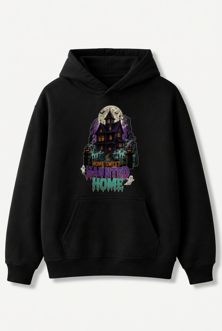 Black men's haunted house graphic hoodie on white