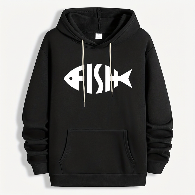 Black pullover hoodie with white fish-shaped FISH lettering white drawstrings and a kangaroo pocket on white