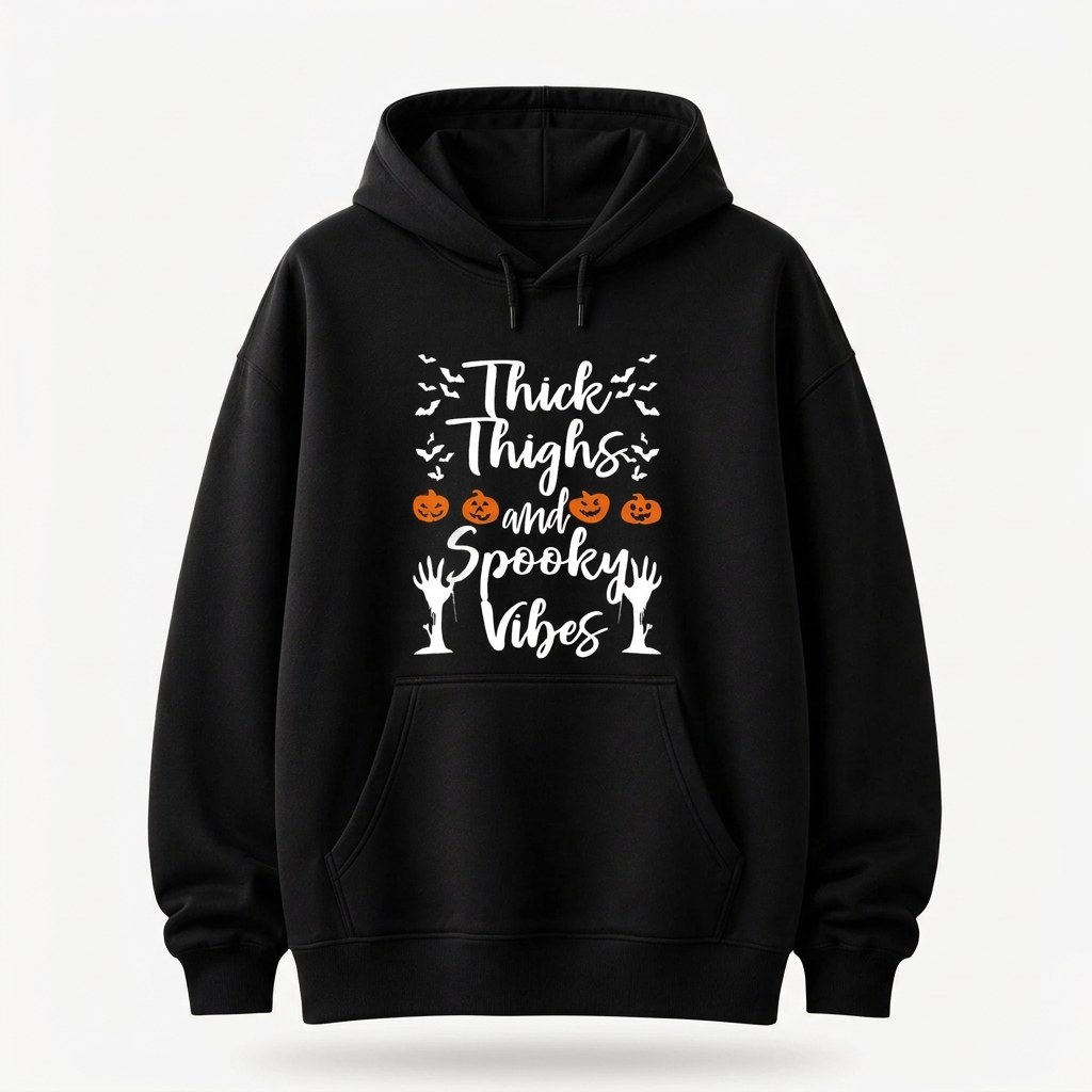 Black pullover hoodie with white Thick Thighs and Spooky Vibes lettering and orange pumpkin graphics