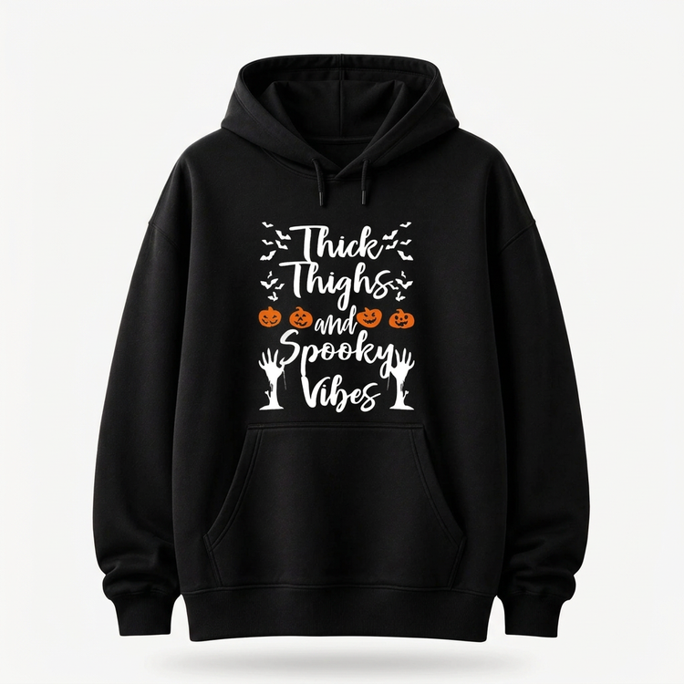 Black pullover hoodie with white Thick Thighs and Spooky Vibes lettering and orange pumpkin graphics