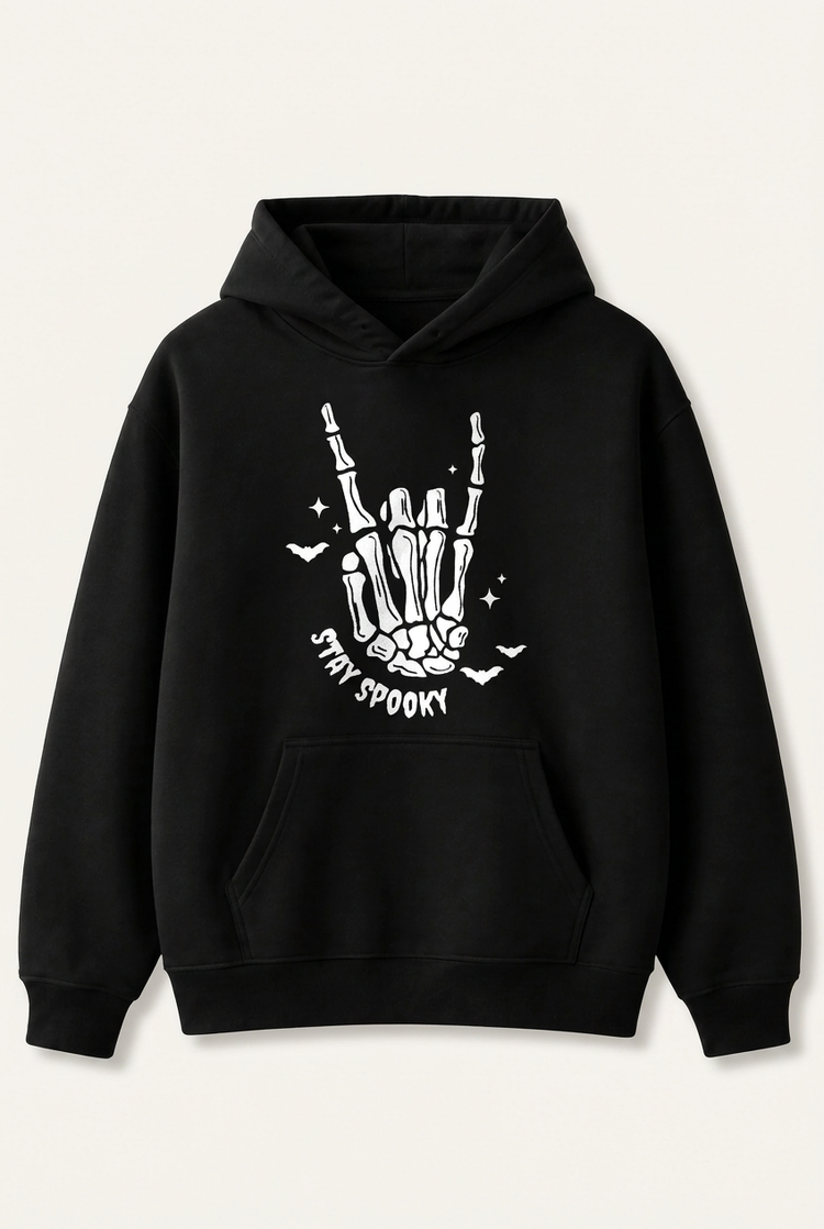Black Stay Spooky graphic hoodie on white
