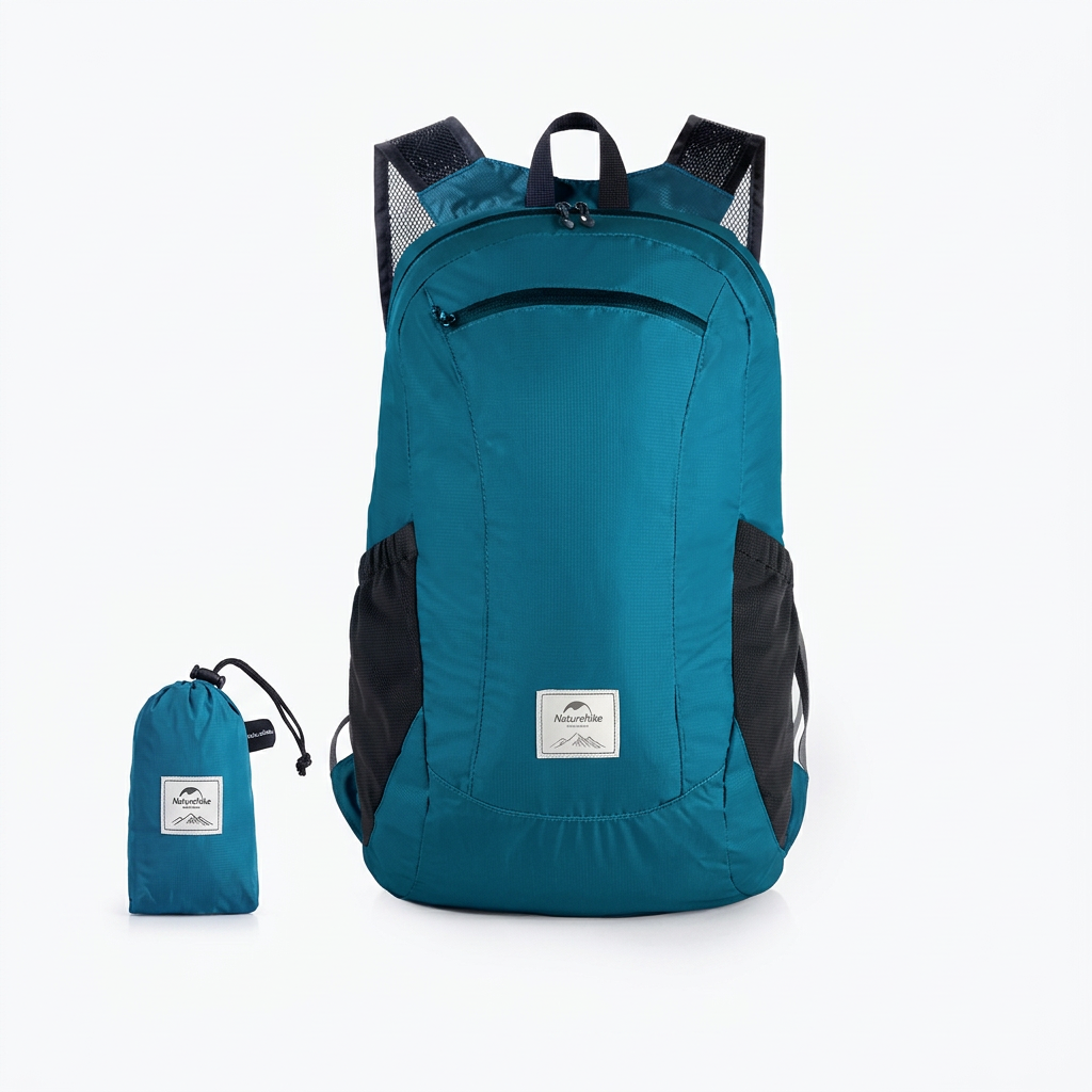 Blue foldable backpack and pouch on white