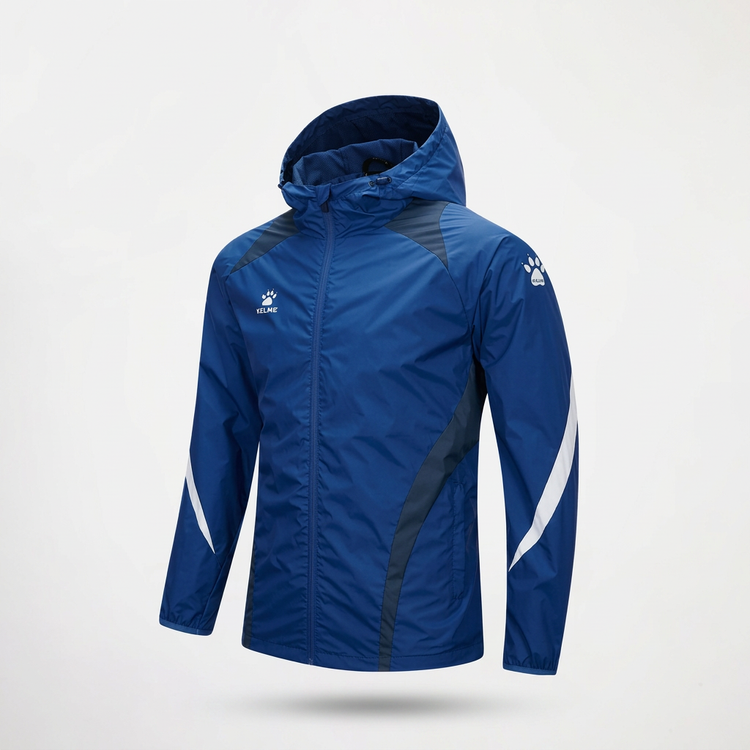 Blue hooded sports jacket on a white background