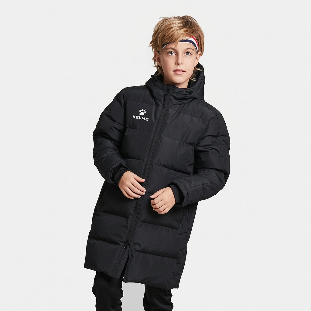 Child wearing a black long hooded coat