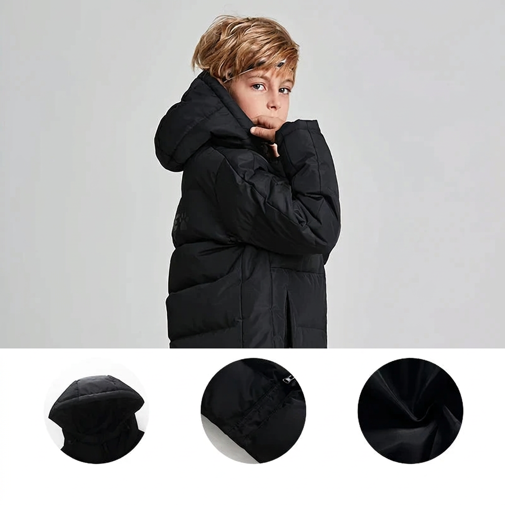 Children's hooded coat and fabric detail photos