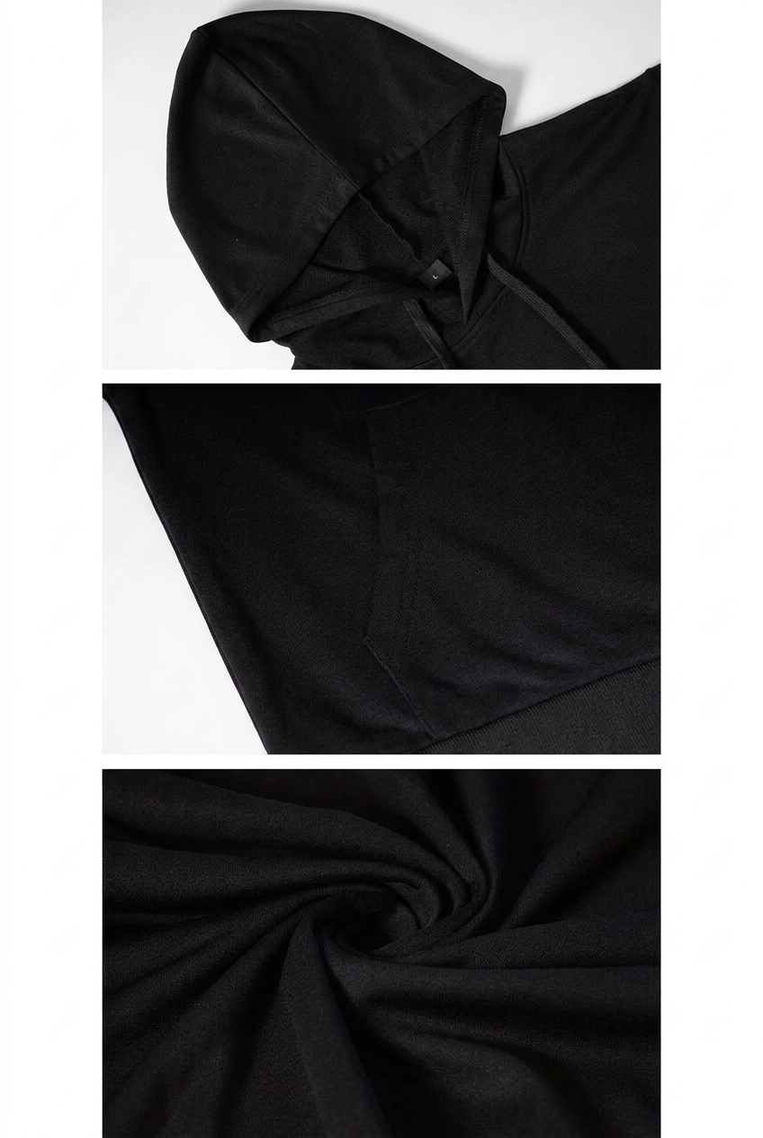 Closeups of black hoodie drawstring hood kangaroo pocket and fabric folds