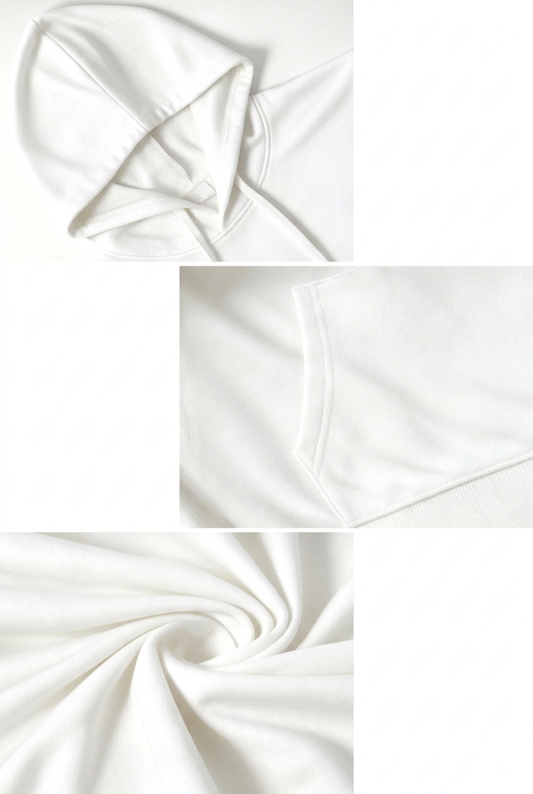 Closeups of white hoodie drawstring hood kangaroo pocket and fabric folds