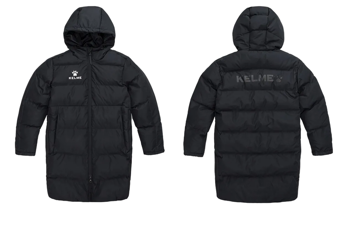 Front and back views of a black children's padded coat