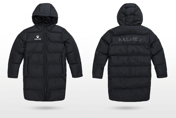 Front and back views of a black children's padded coat