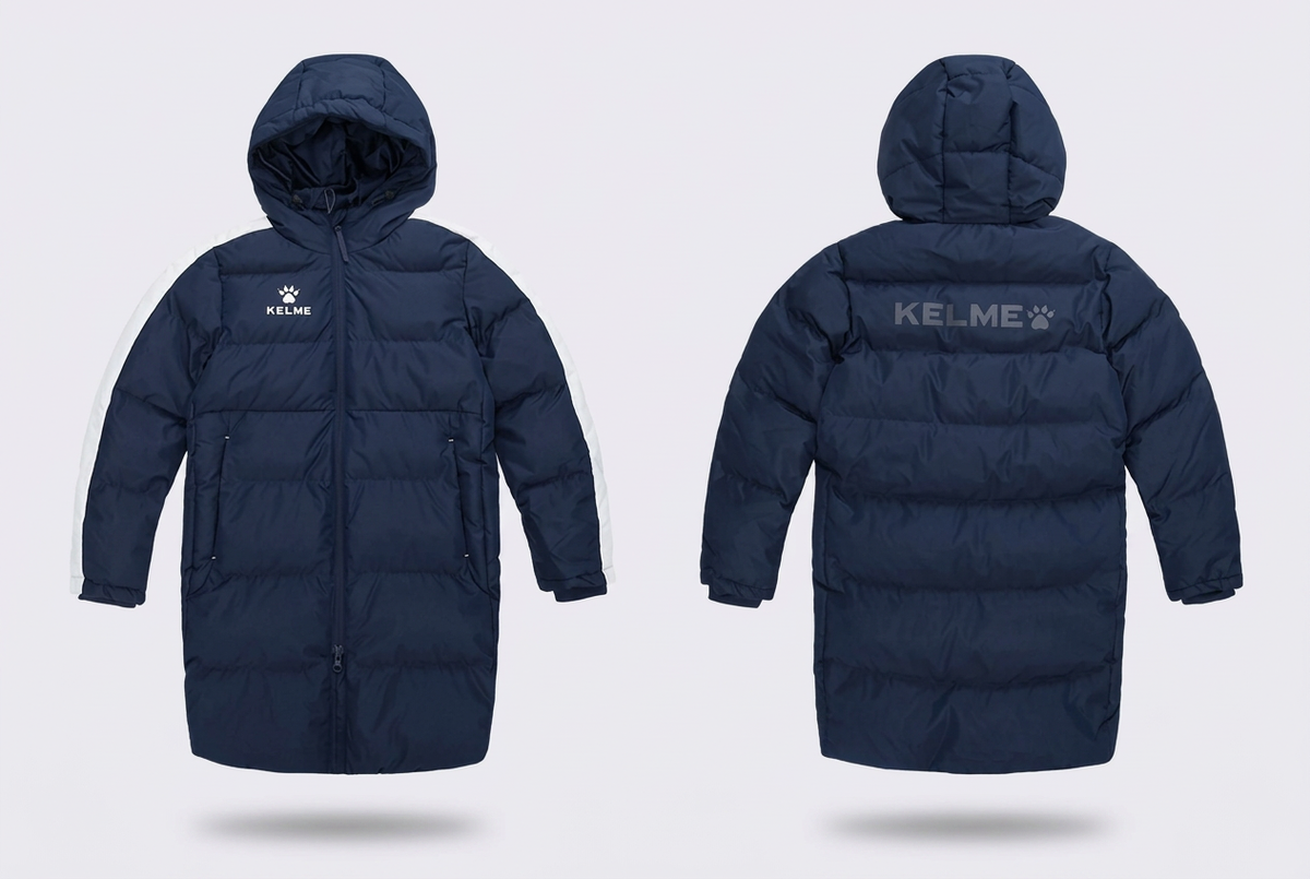 Front and back views of a navy children's padded coat