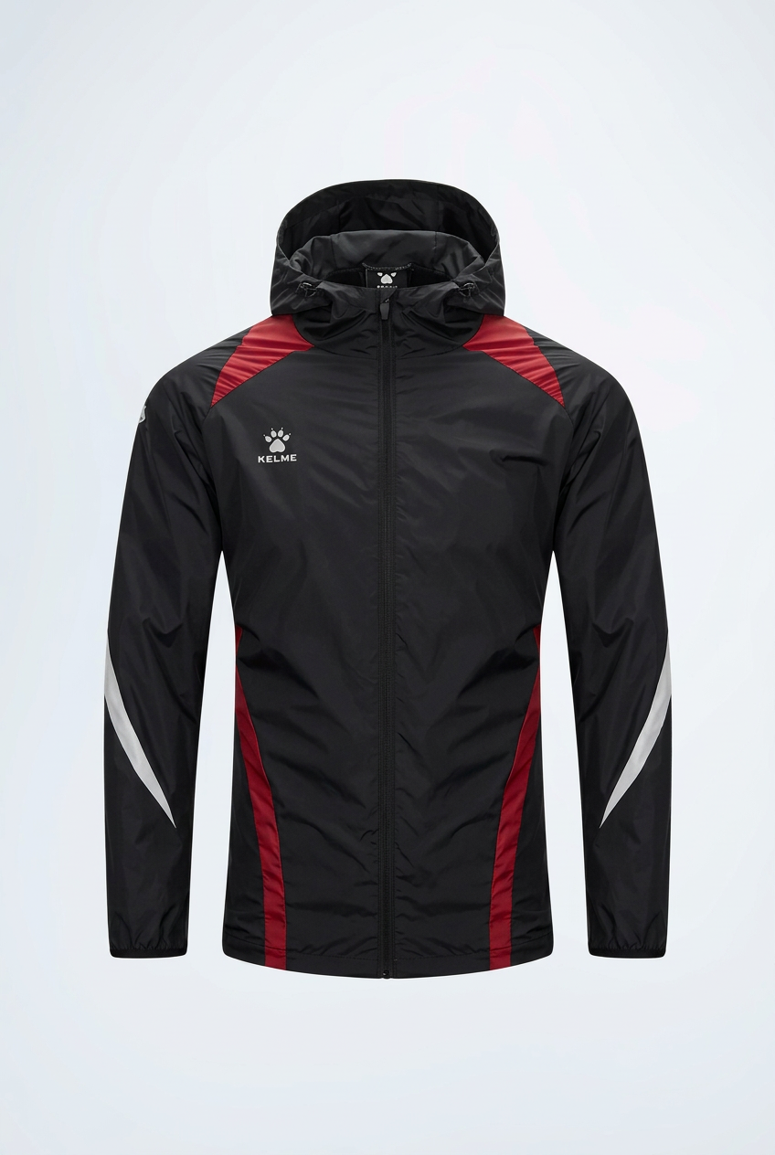 Front view of a black and red hooded sports jacket