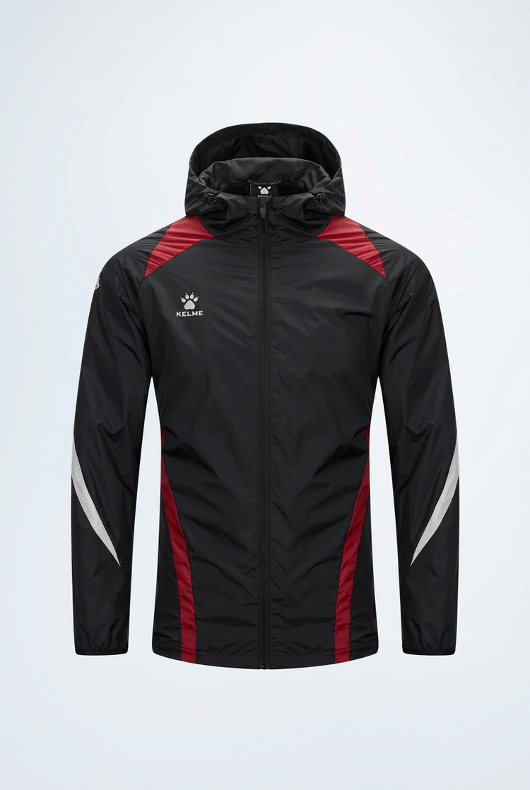 Front view of a black and red hooded sports jacket