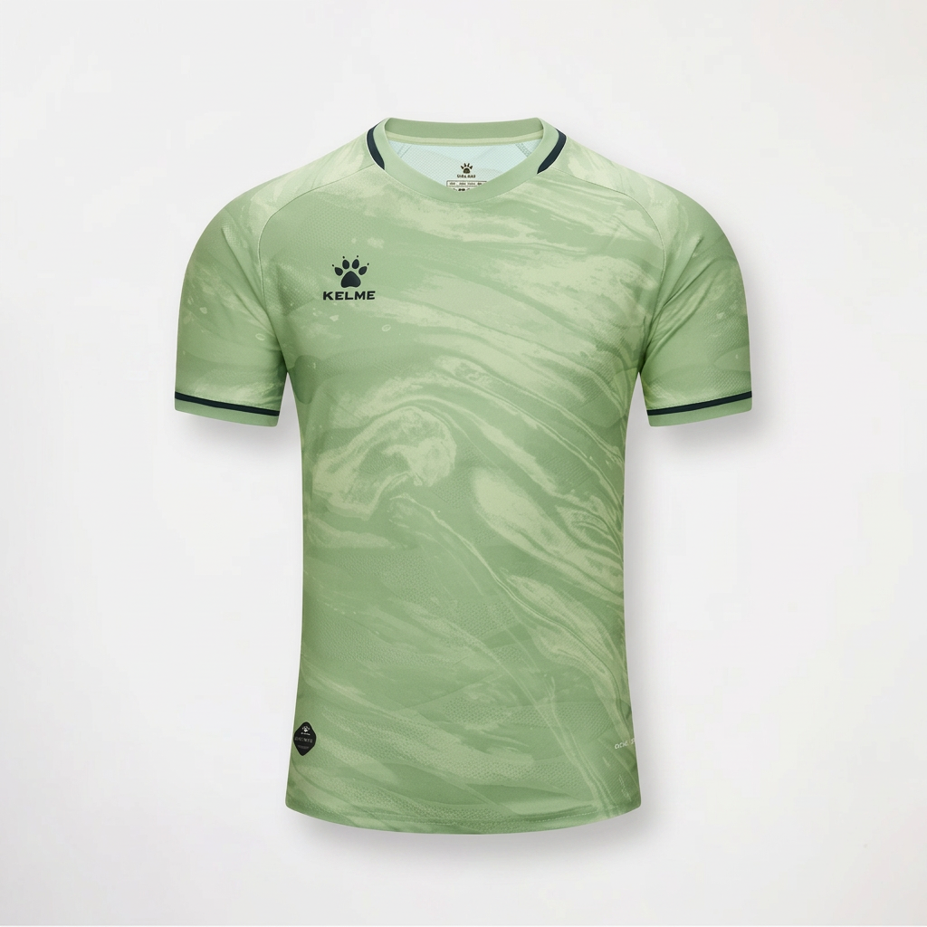 A light green short-sleeve soccer jersey with a subtle marbled pattern, featuring the black KELME logo on the left chest and dark green trim on the collar and sleeve cuffs, shown against a light gray background.
